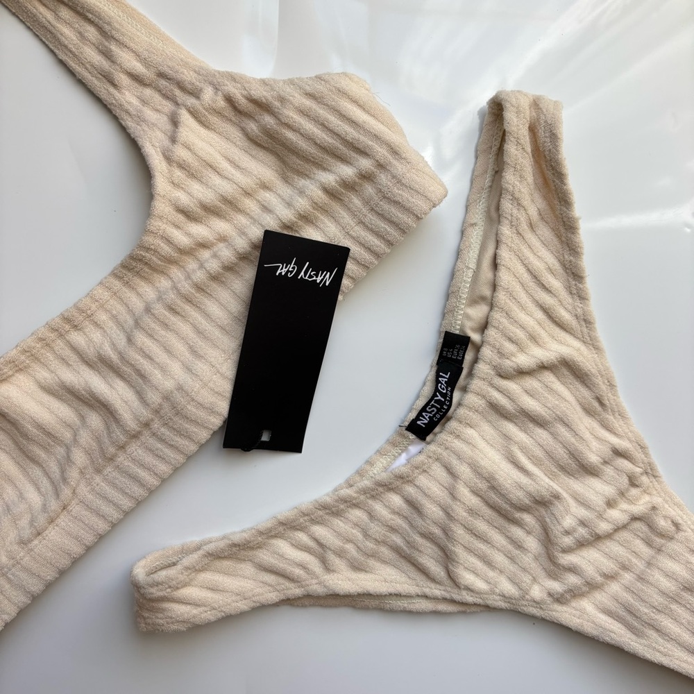 NEW Nasty Gal Toweling Rib Crop Bikini Set Size 4 Sand Beige High Waist Cheeky
